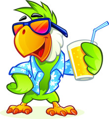 Exotic cartoon parrot with sunglasses holding glass of orange juice © Marko