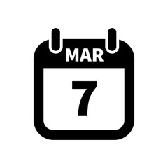 Simple black calendar icon with 7 march date isolated on white
