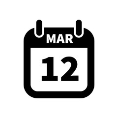 Simple black calendar icon with 12 march date isolated on white