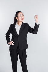 asian business woman with action pose in studio with white background