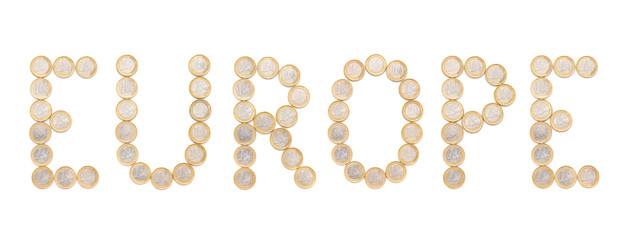 europe word written with coins, the letters are made of one euro currency 