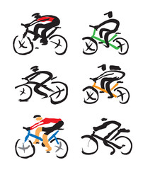 Fototapeta premiumSet of Cyclist ink drawings. Hand drawn expressive icons of cyclist. Vector available. 