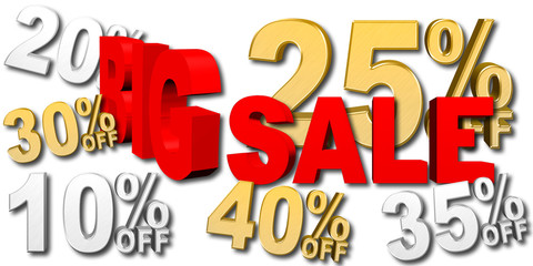 Big Sale, Red Text, Silver and Gold Numbers, 3D Illustration, White Background.
