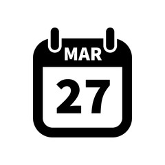 Simple black calendar icon with 27 march date isolated on white