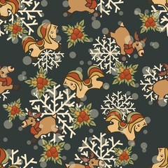 Obraz premium Christmas vector pattern with horse, deer and holly. Toy reindeer in scarf and horse isolated on dark background with snowflake. Merry Christmas and Happy New Year design. Seamless pattern for print.