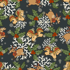 Obraz premium Christmas vector pattern with horse, deer and holly. Toy reindeer in scarf and horse isolated on dark background with snowflake. Merry Christmas and Happy New Year design. Seamless pattern for print.