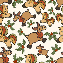 Christmas vector pattern with horse, deer and holly. Toy reindeer in scarf and horse isolated on white background. Merry Christmas and Happy New Year design. Seamless pattern for print. Flat style.