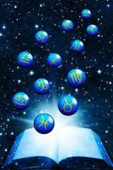 Naklejka premium magic book with zodiac astrology symbols coming out of it over Universe background with stars 