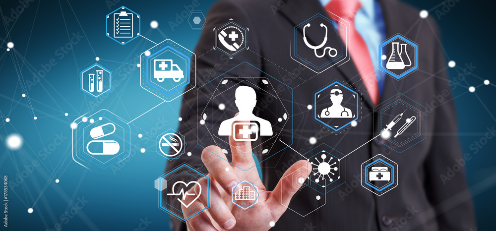 Poster businessman using modern medical interface 3d rendering