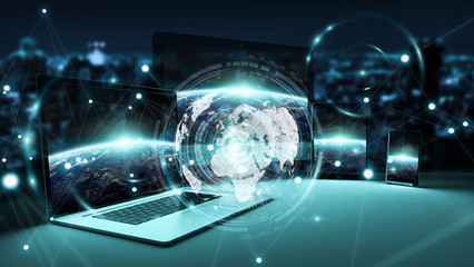 Worldwide server interface over modern tech devices 3D rendering