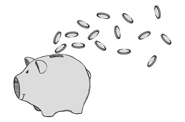 Hand-drawn piggy bank with flying coins sketch