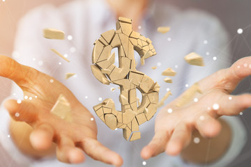 Businesswoman with exploding dollar currency 3D rendering