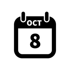 Simple black calendar icon with 8 october date isolated on white