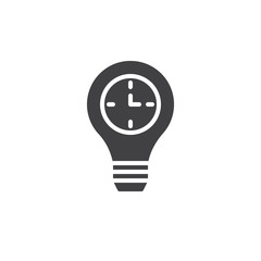 Clock inside light bulb icon vector, filled flat sign, solid pictogram isolated on white. Idea motivation and creativity symbol, logo illustration
