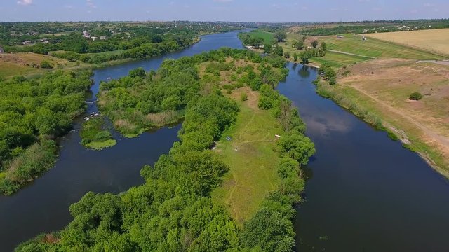 Aerial shot of fast moving river