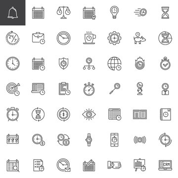 Time management line icons set, outline vector symbol collection, linear style pictogram pack. Signs, logo illustration. Set includes icons as calendar, stopwatch, hourglass, clock,, agenda, time