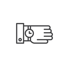 Watch on hand line icon, outline vector sign, linear style pictogram isolated on white. wristwatch symbol, logo illustration. Editable stroke