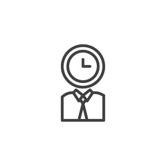 Person with clock head line icon, outline vector sign, linear style pictogram isolated on white. Time management symbol, logo illustration. Editable stroke