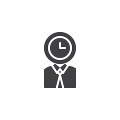 Person with clock head icon vector, filled flat sign, solid pictogram isolated on white. Time management symbol, logo illustration.