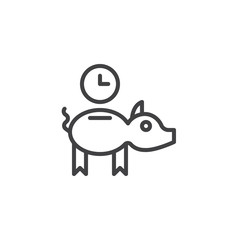 Obraz premium Piggy bank and clock line icon, outline vector sign, linear style pictogram isolated on white. Time is money symbol, logo illustration. Editable stroke