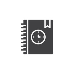 Agenda with clock icon vector, filled flat sign, solid pictogram isolated on white. Symbol, logo illustration