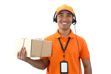 Young asian male delivery technical support smiling on white background