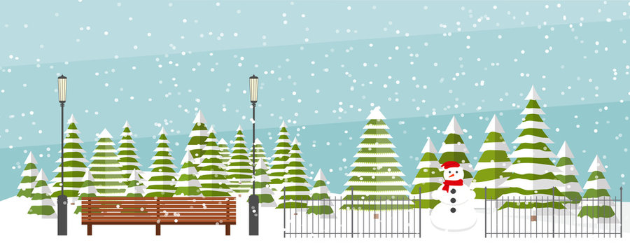 Cute vector winter background. Snowfall, fir trees in different shapes and forms, lanterns, bench, snowman. Winter park under snowfall.