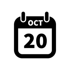 Simple black calendar icon with 20 october date isolated on white