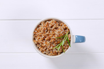 mug of cooked buckwheat