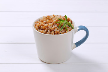 mug of cooked buckwheat