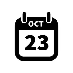 Simple black calendar icon with 23 october date isolated on white