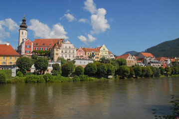 Naklejka na ściany i meble View of old town Frohnleiten and the river Mur in Styria, Austria