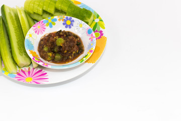 Shrimp Paste Sauce with solanum torvum and cucumber in small dish