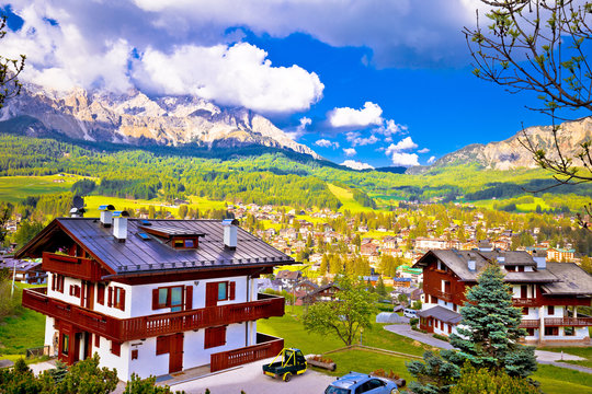 Alpine town of Cortina d' Ampezzo in Dolomites Alps view