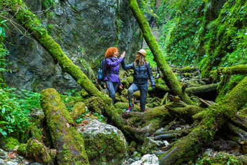 Girlfriends hiking together