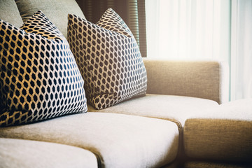 contemporary interior of Living room with part of sofa in sunny day and white curtain interior background concept