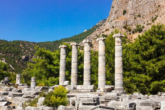 Ruins of the Athena Temple in ancient city of Priene destroyed by an earthquake.