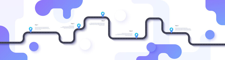 Road map and journey route infographics template. Winding road timeline illustration. Flat vector illustration. Eps 10