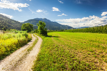 Rural road in Trento among Alps