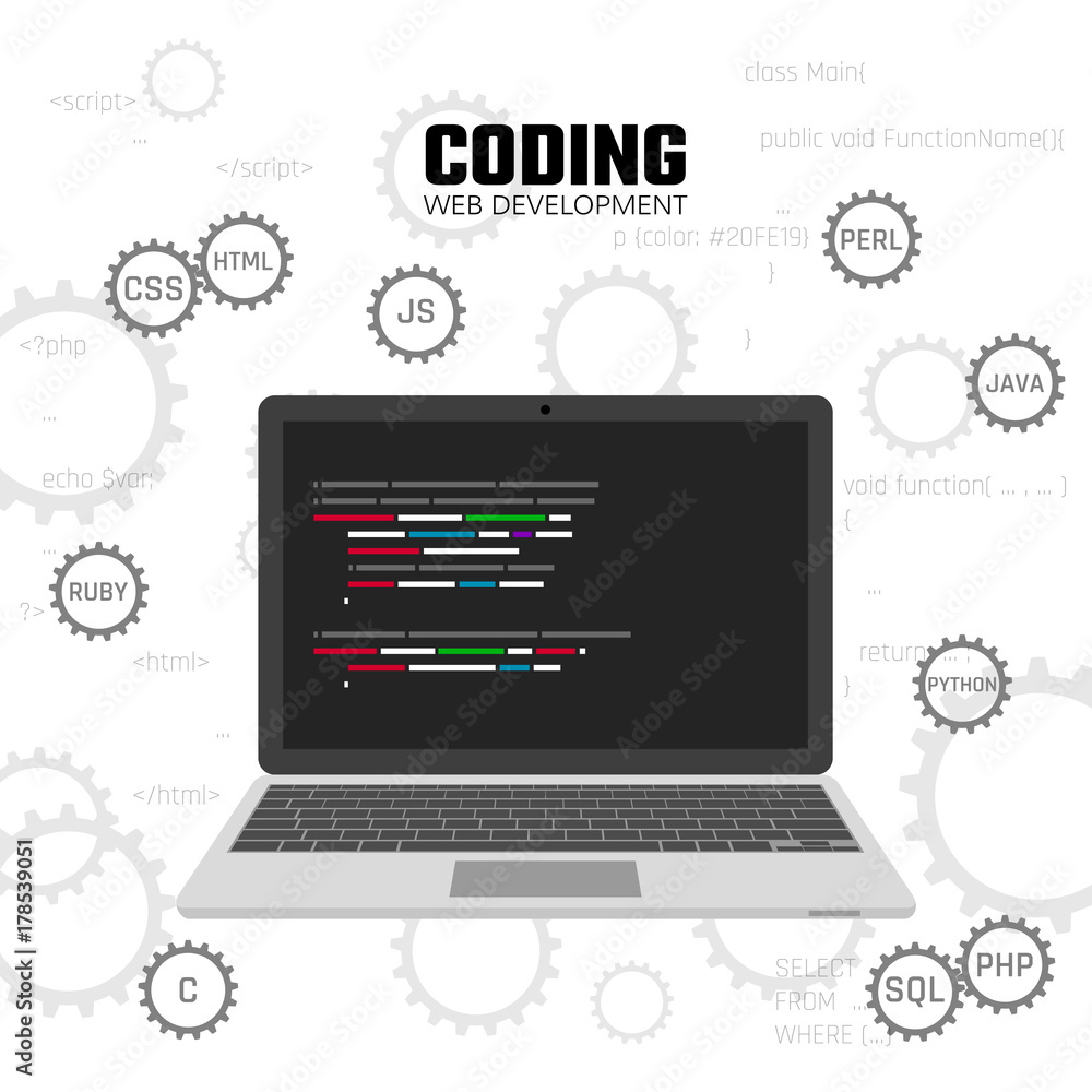 Poster Modern languages web programming. Web development, design and coding concept. Vector illustration