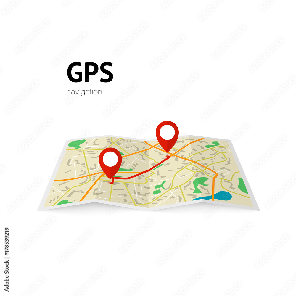 Poster gps navigation. the path on the map is indicated by a pin. vector illustration