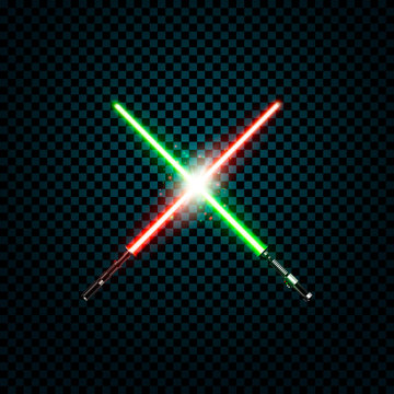 realistic light swords. crossed lightsabers, flash and sparkles. Vector illustration isolated on transparent background