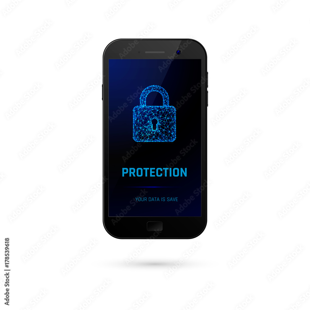 Poster cyber security system concept. mobile phone with padlock on screen. vector