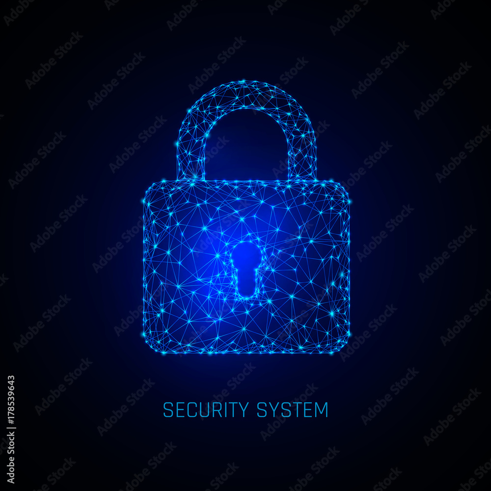 Poster secure digital space. programming protection, padlock security system. vector illustration