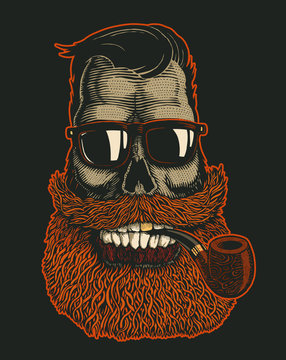 Skull Hipster With Mustache, Beard, Tobacco Pipes, Sunglasses And Gold Tooth. Vector Illustration.