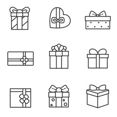 gift boxes of various shapes icons set. linear design. Line with editable stroke