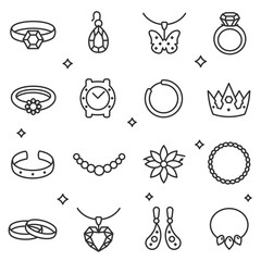 Jewelry icon set, thin line design. Rings with diamond earrings, bracelet, pendant, brooch and other accessories. Line with editable stroke. - obrazy, fototapety, plakaty