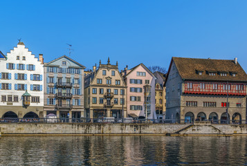 Fototapeta na wymiar Embankment of Limmat river in Zurich, Switzerland