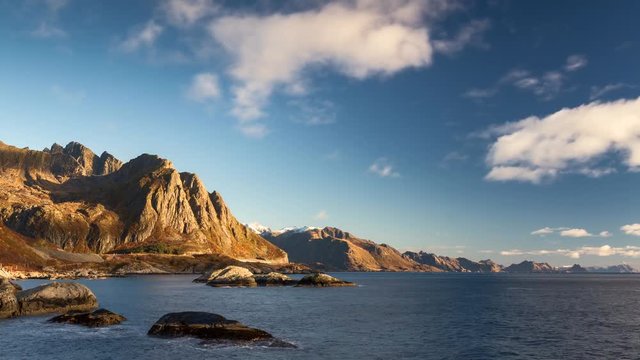 Time lapse - Moving clouds over the coastline of the Lofoten, Norway