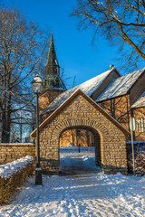 Fototapeta na wymiar Portal to a Swedish church in winter